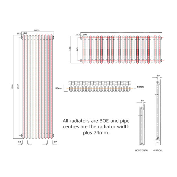 Cotswold Triple Black 1800 x 470mm Vertical Designer Radiator - Image 3