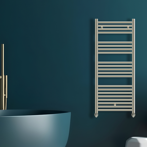 Tyne Heated Towel Rail | Brushed Brass & Matt Blue | Heated Towel Rails | Delivery throughout the UK | Direct Radiators