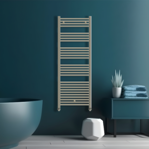 Tyne Heated Towel Rail | Brushed Brass & Matt Blue | Heated Towel Rails | Delivery throughout the UK | Direct Radiators