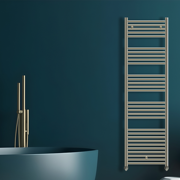 Tyne Heated Towel Rail | Brushed Brass & Matt Blue | Heated Towel Rails | Delivery throughout the UK | Direct Radiators