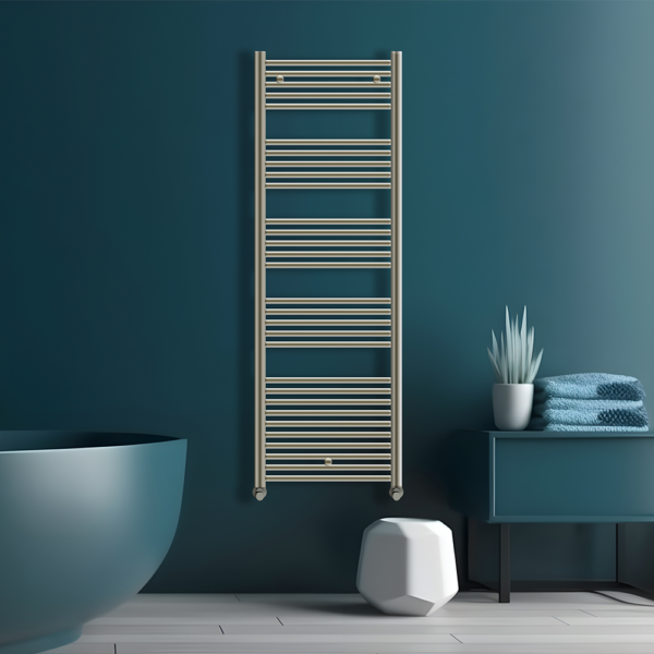 Tyne Heated Towel Rail | Brushed Brass & Matt Blue | Heated Towel Rails | Delivery throughout the UK | Direct Radiators