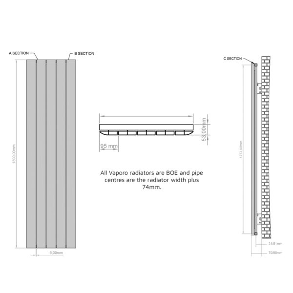 Tay Black 1800 x 470mm Vertical Designer Radiator - Image 3