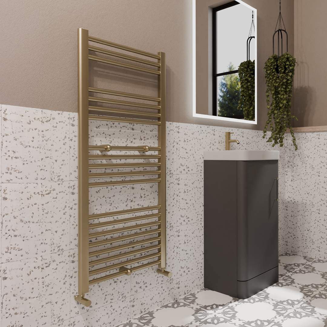 Tyne Brushed Brass Heated towel rail | Bathroom Heating | Direct Radiators | Nationwide delivery UK
